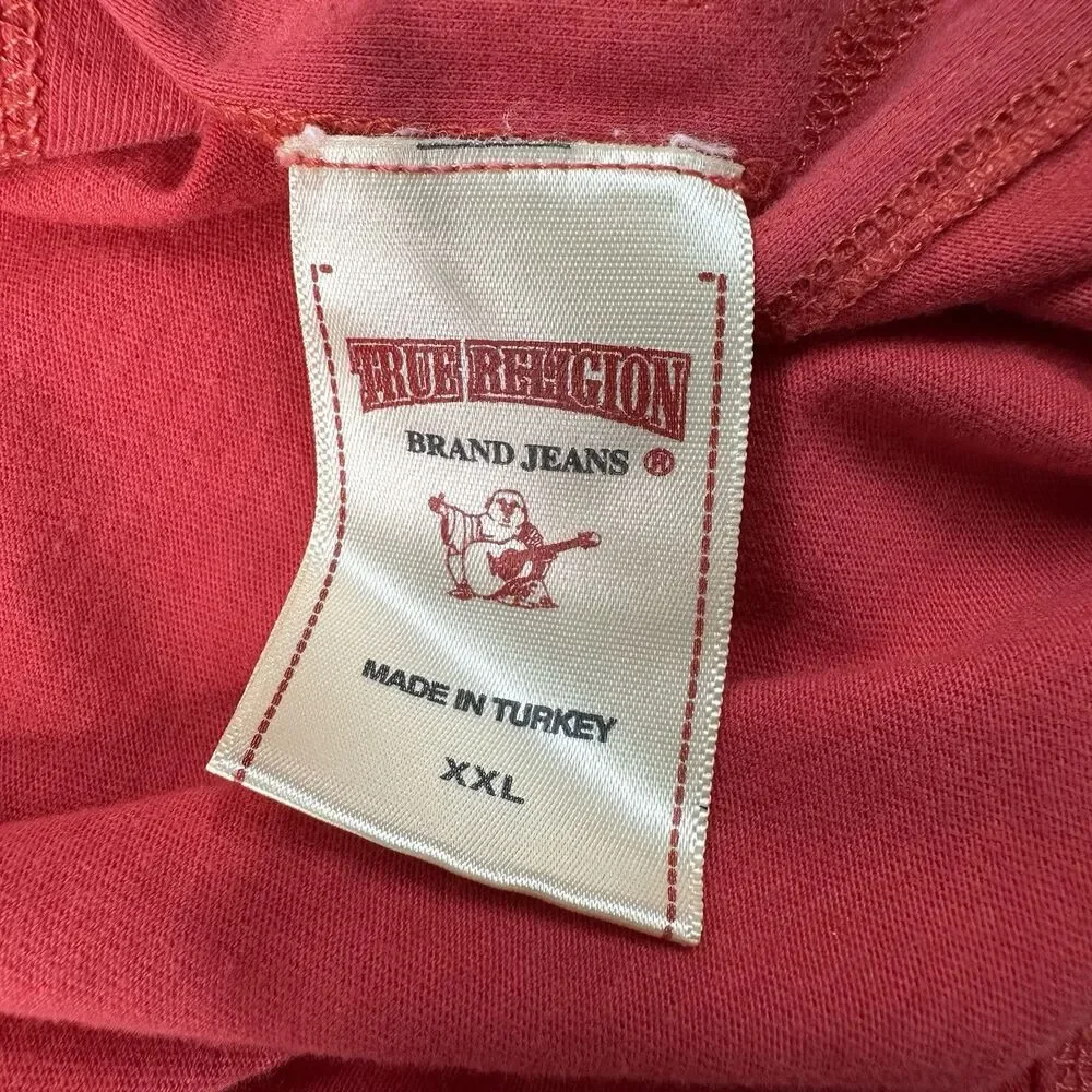 True‎ Religion California T Shirt Mens Sz XXL Red Applique Loose Threads Buddha